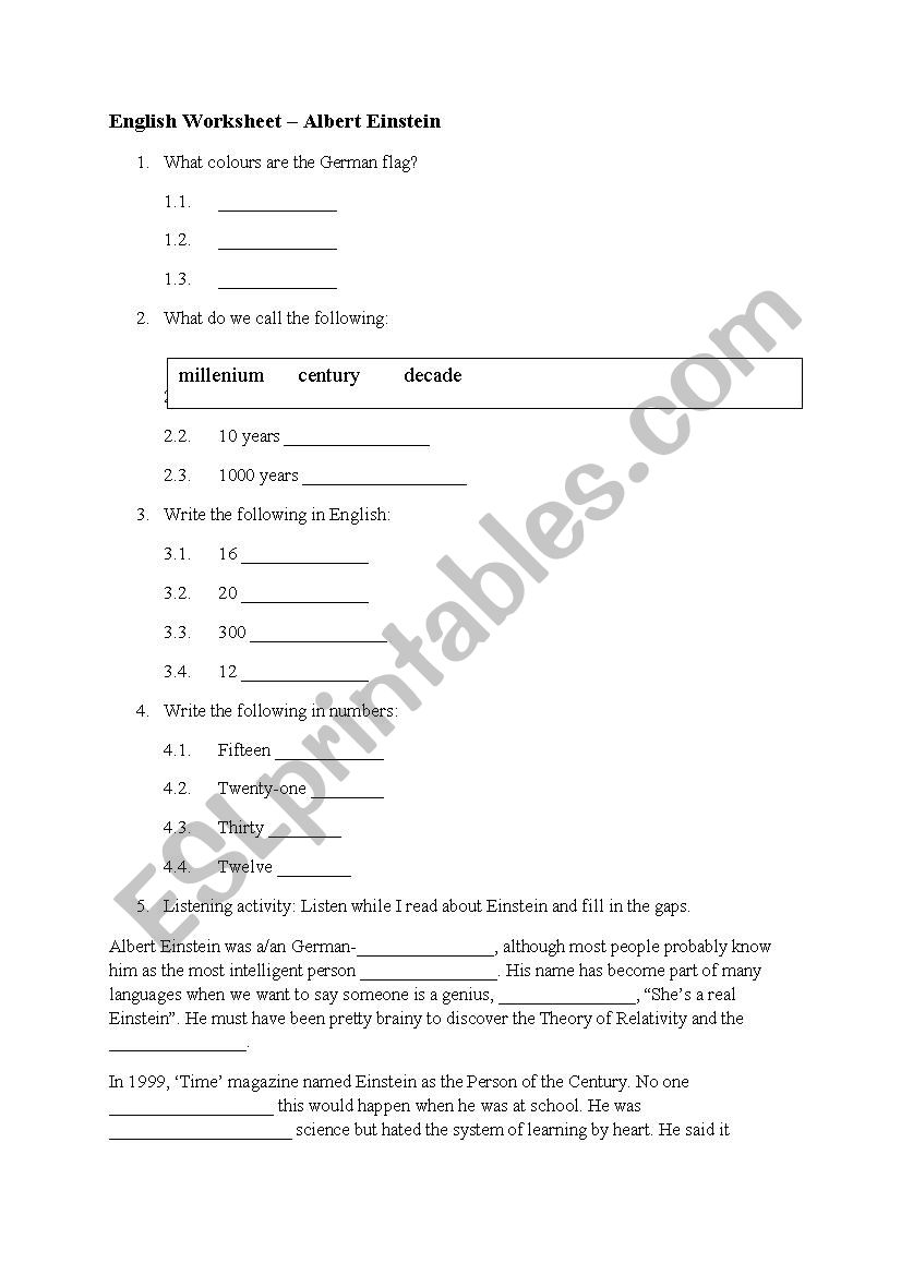 Einstein worksheet. Writing numbers in words. 