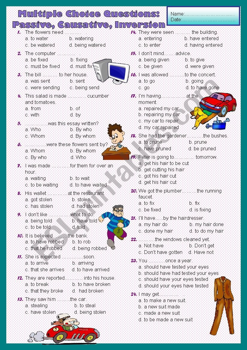 46 Multiple choice questions: Passive, Causative, Inversion with KEY