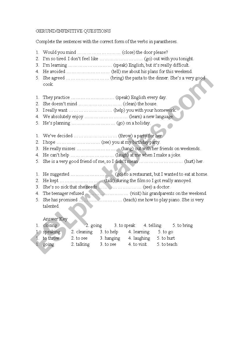 gerund worksheet