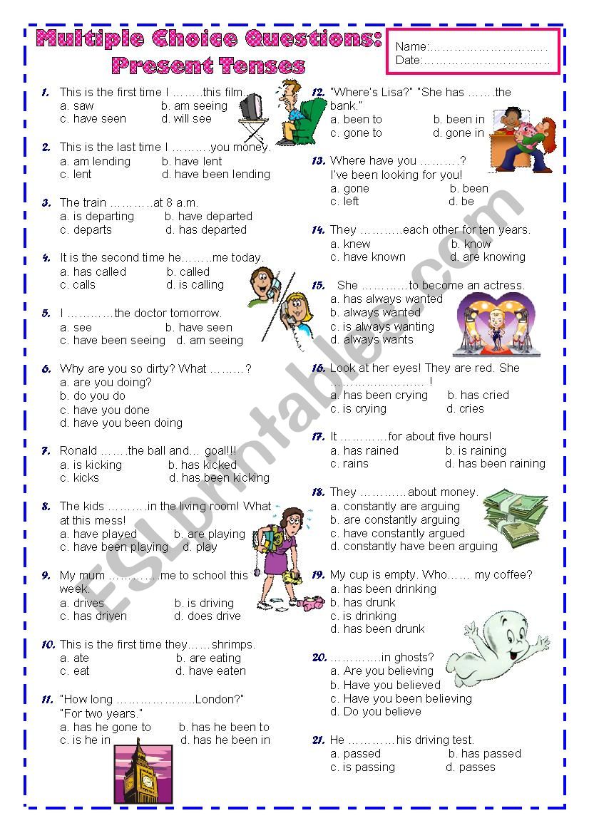 Multiple choice questions: Present Tenses with KEY