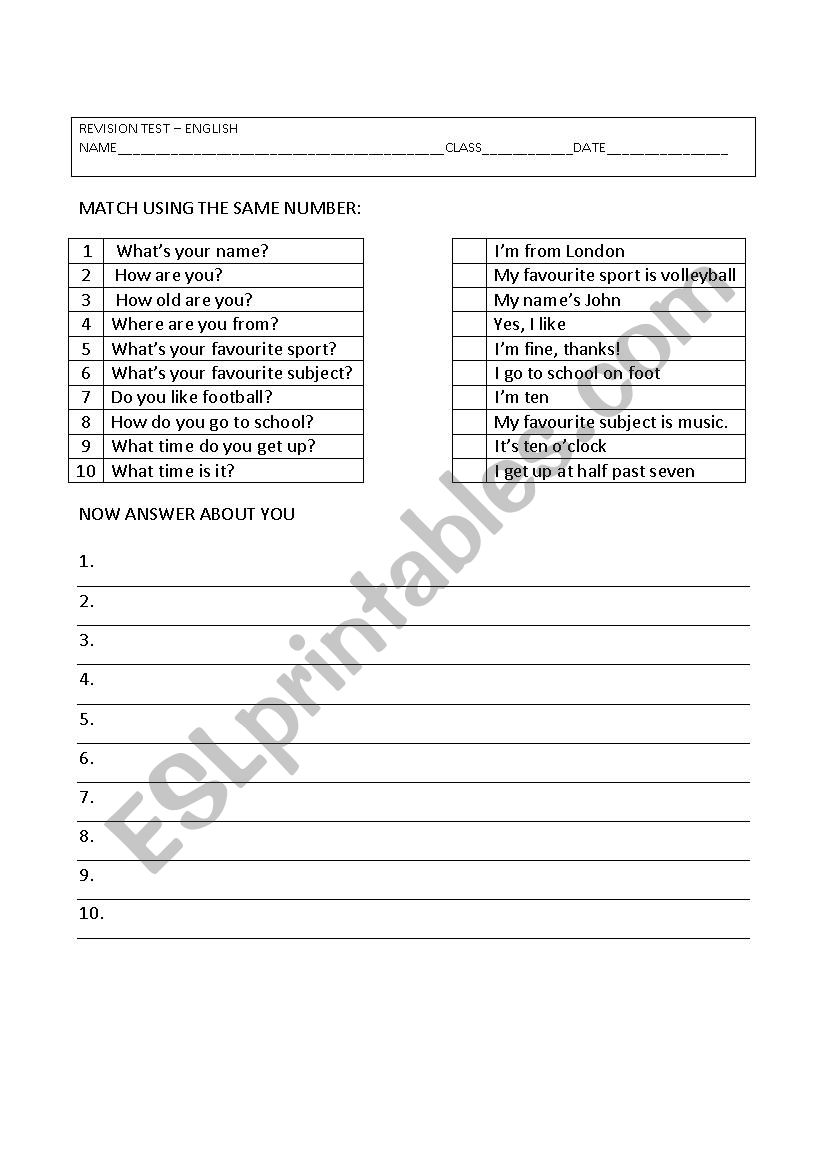 Revision test  worksheet