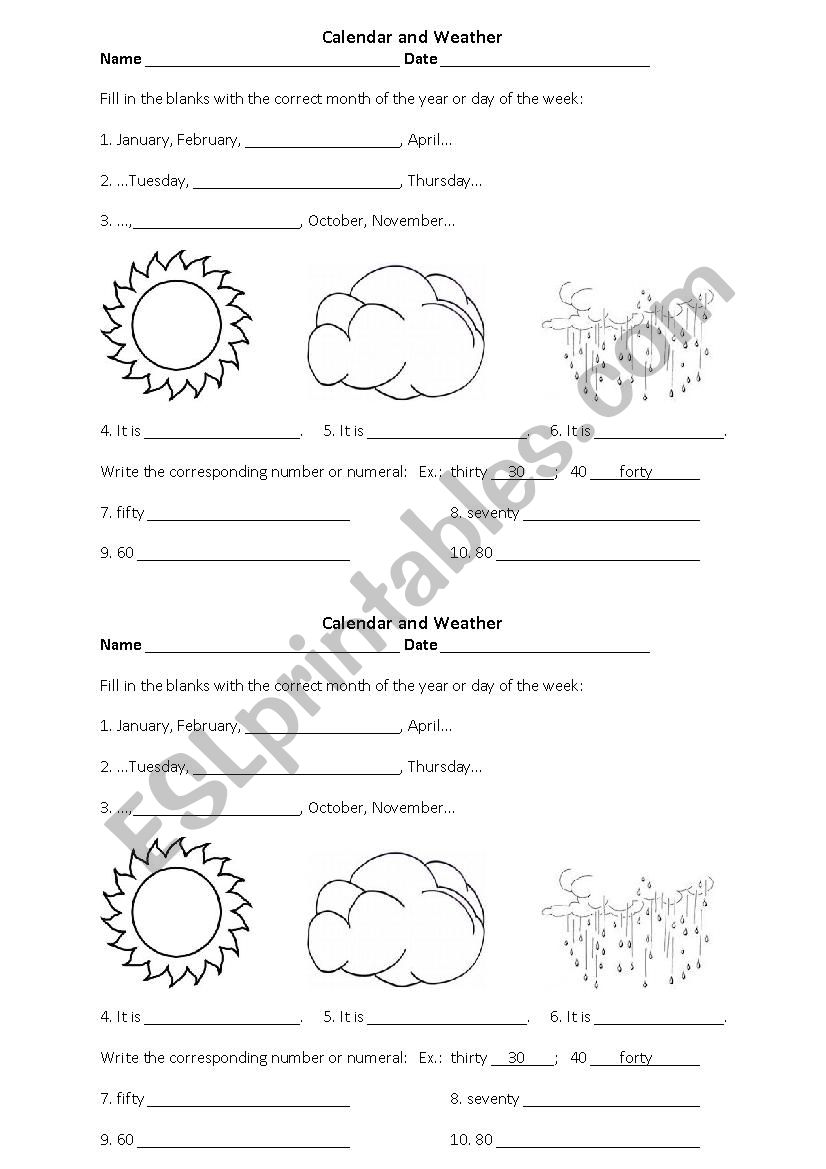 Months, weather & numbers worksheet