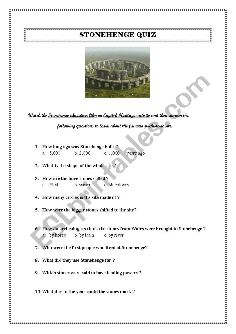 STONEHENGE QUIZ worksheet