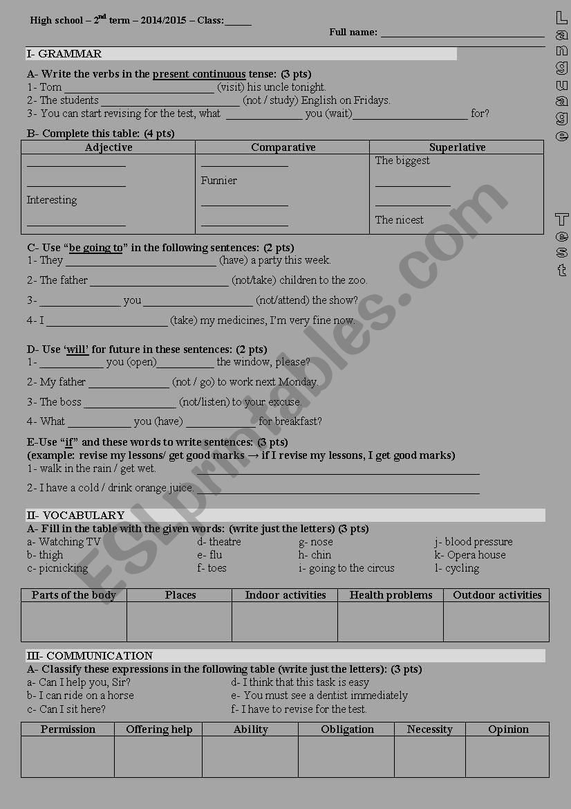 Review of Language points worksheet