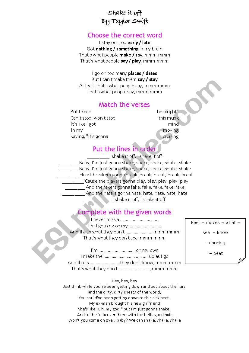 Shake it off by Taylor Swift worksheet