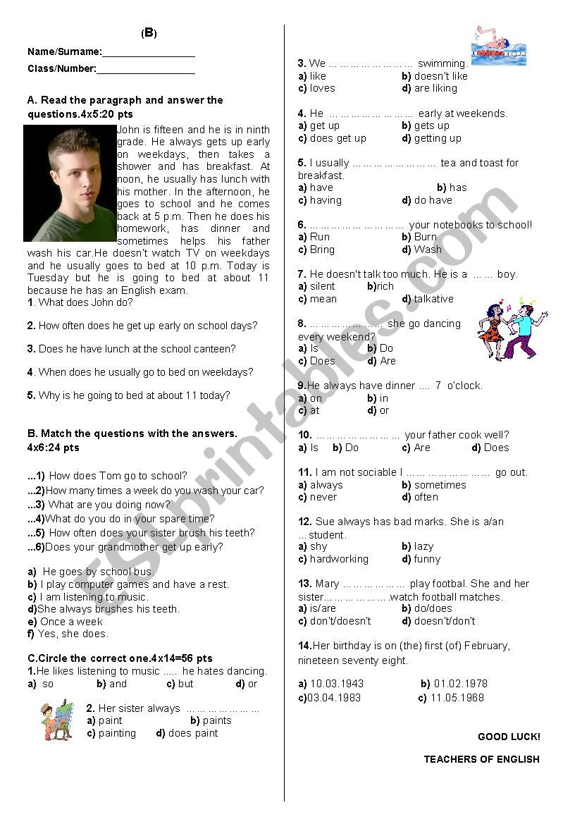 Sample Exam Paper  (B) worksheet