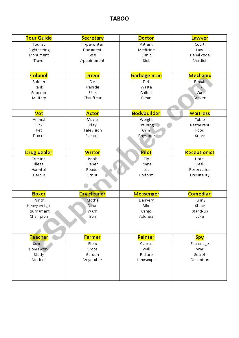 Taboo worksheet