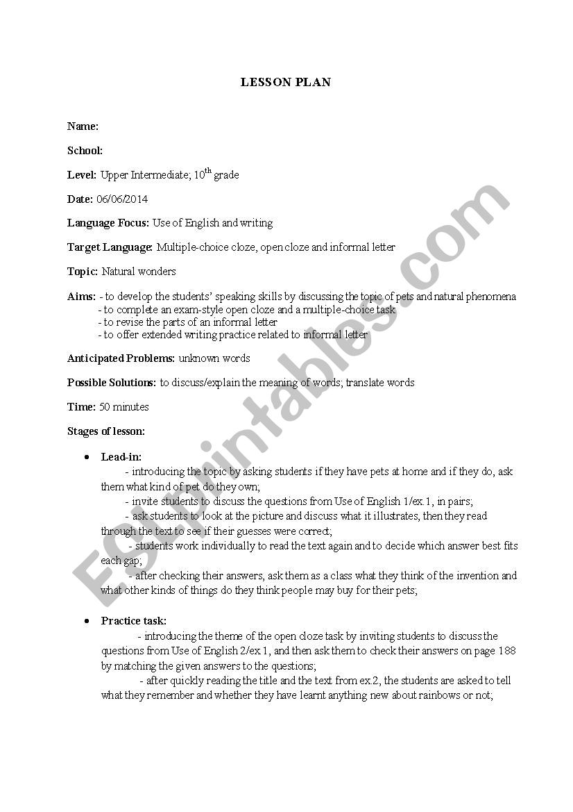 Lesson plan worksheet