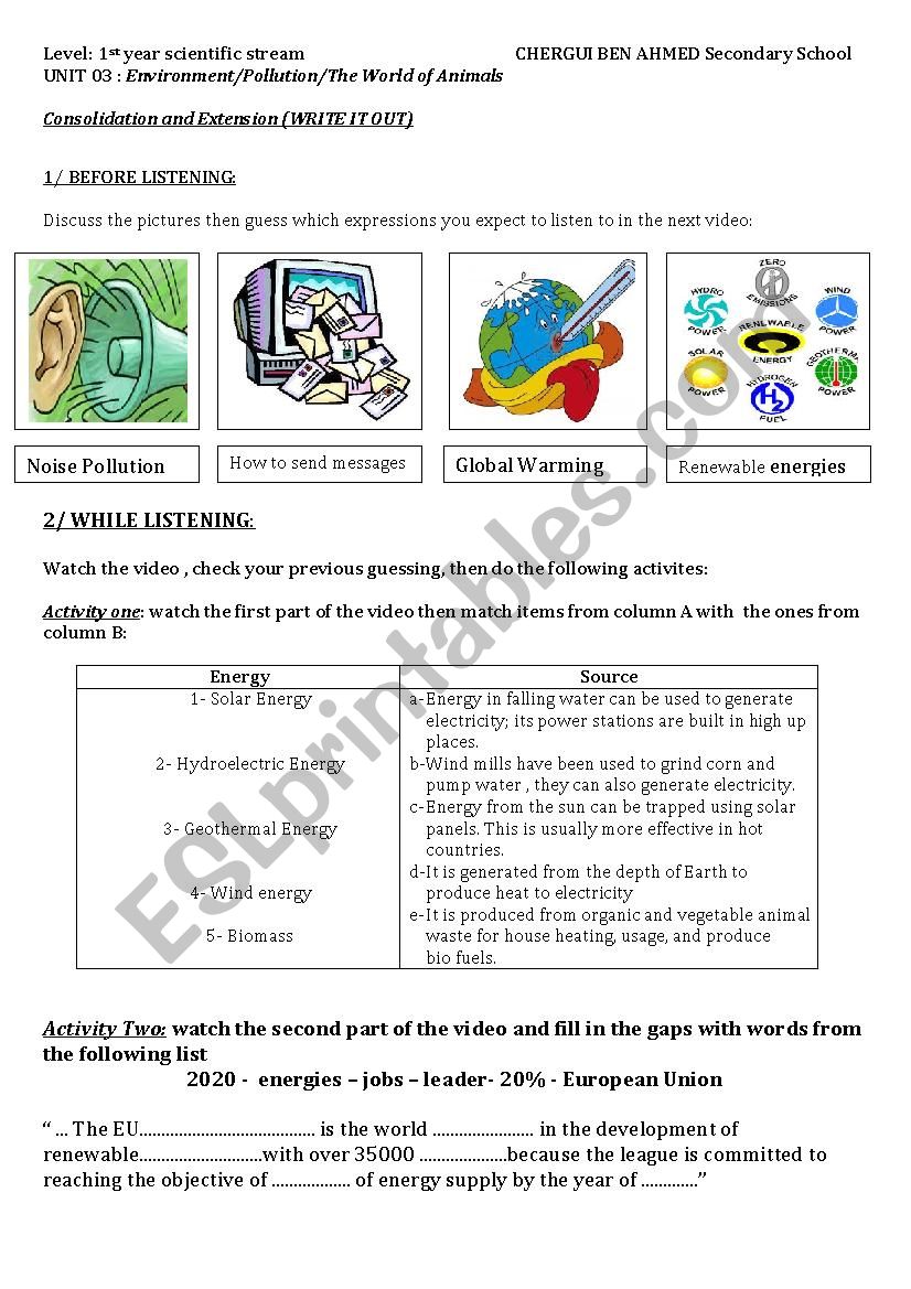 renewable energy use in Europe - ESL worksheet by fathia kerroum Throughout Renewable And Nonrenewable Resources Worksheet