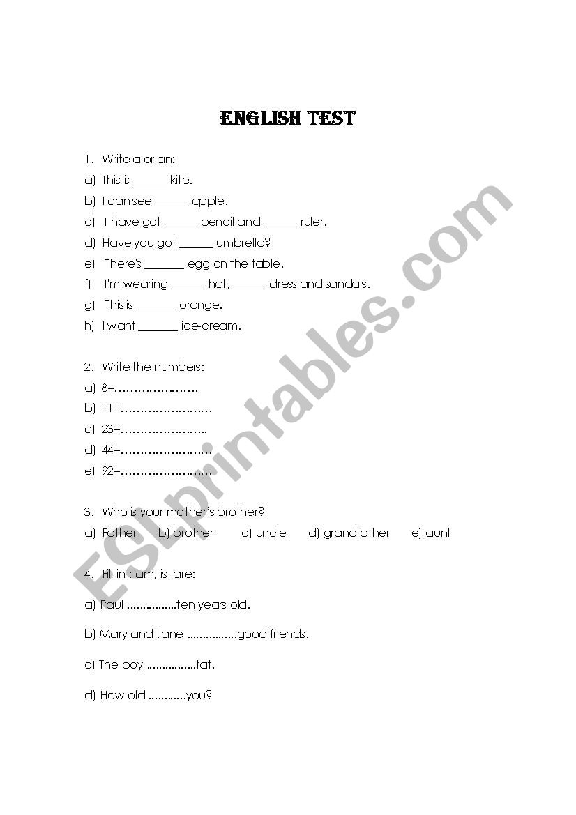 English test 3rd grade worksheet