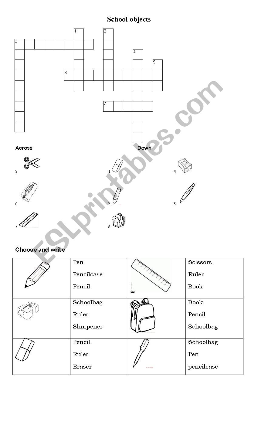 School object crossword worksheet