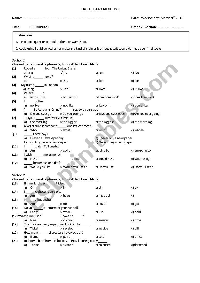 Placement Test worksheet