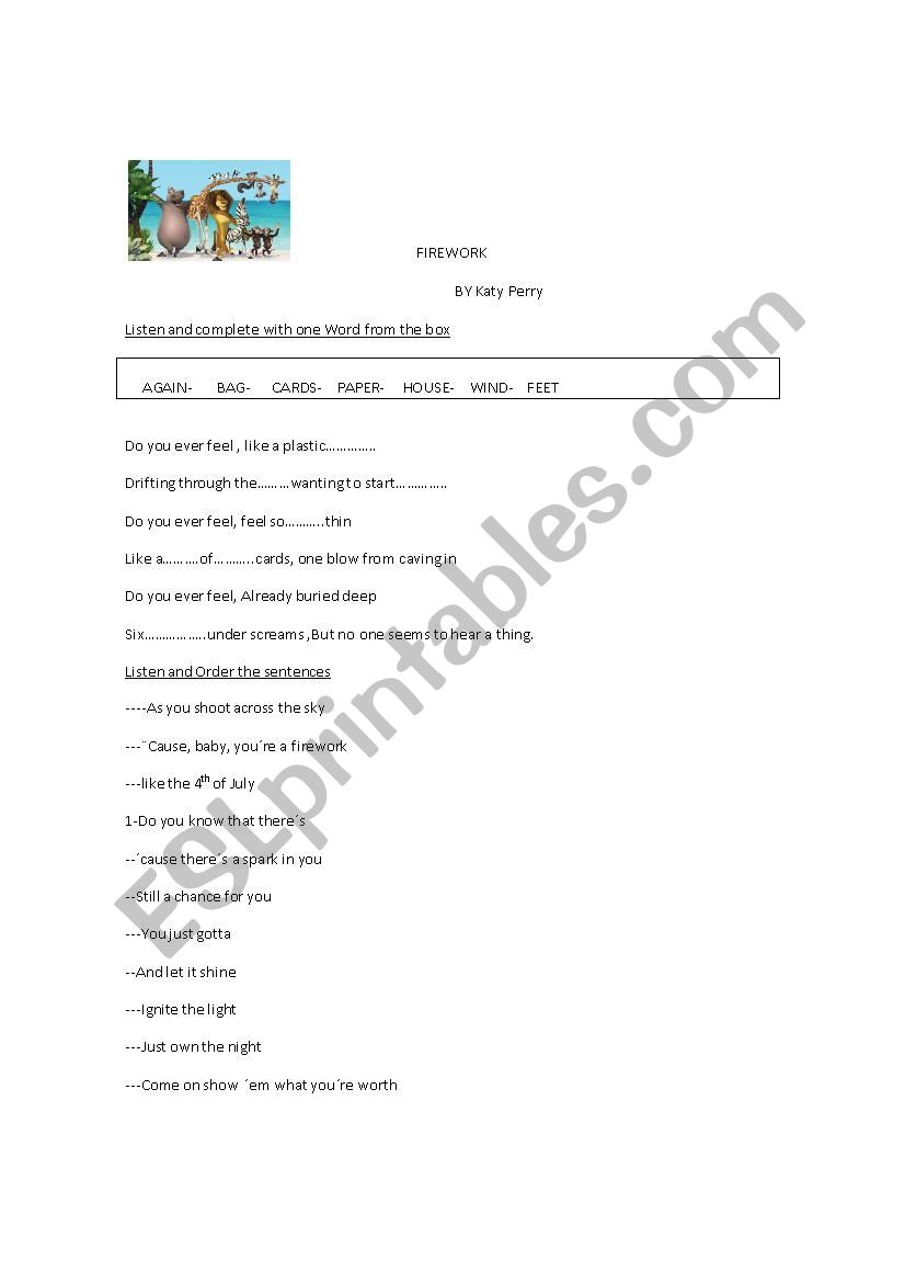 Firework SONG BY Katy perry worksheet