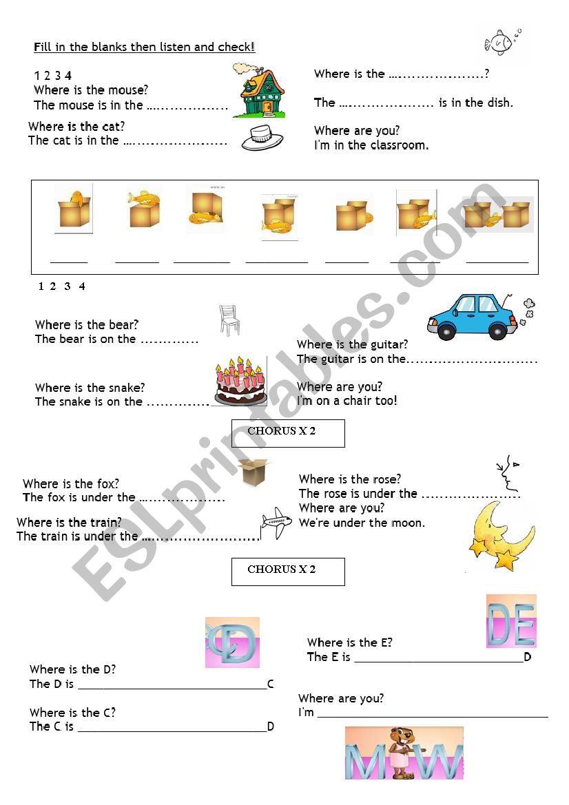 prepositions of place song worksheet