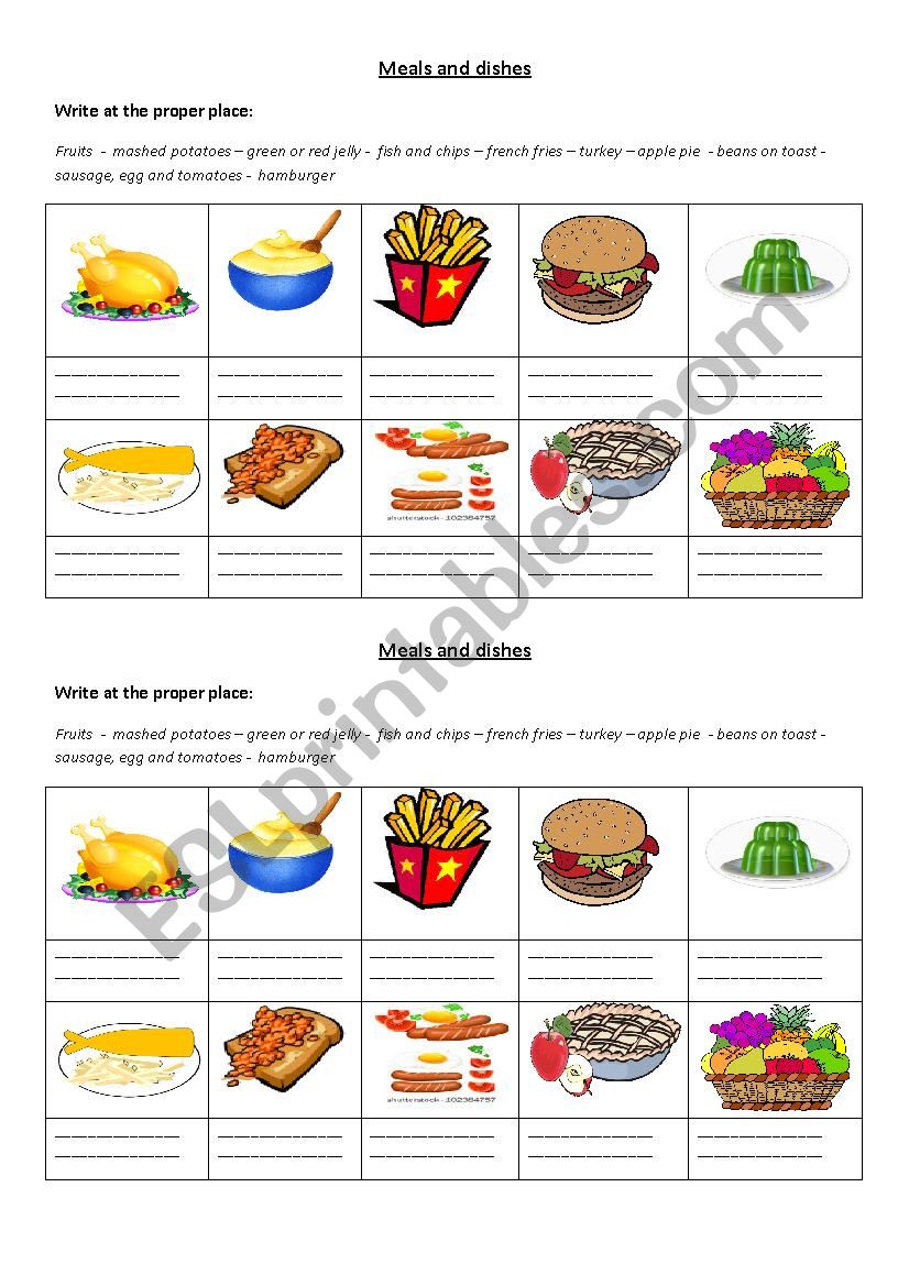 Meal and dishes worksheet