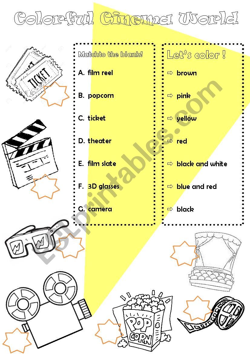 Colorful Cinema World - match movie vocabulary with coloring.