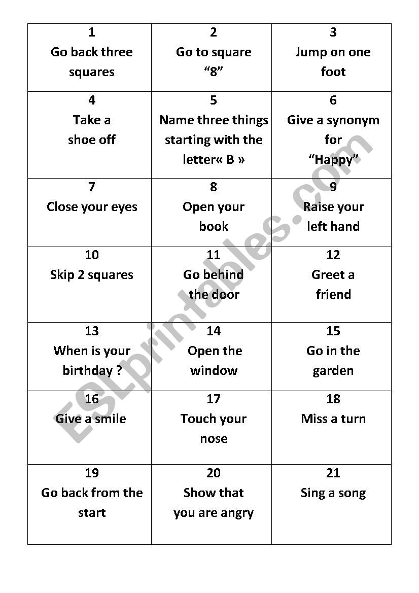 Snakes and ladders worksheet