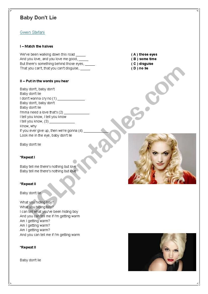 Gwen Stefani - Baby dont lie worksheet