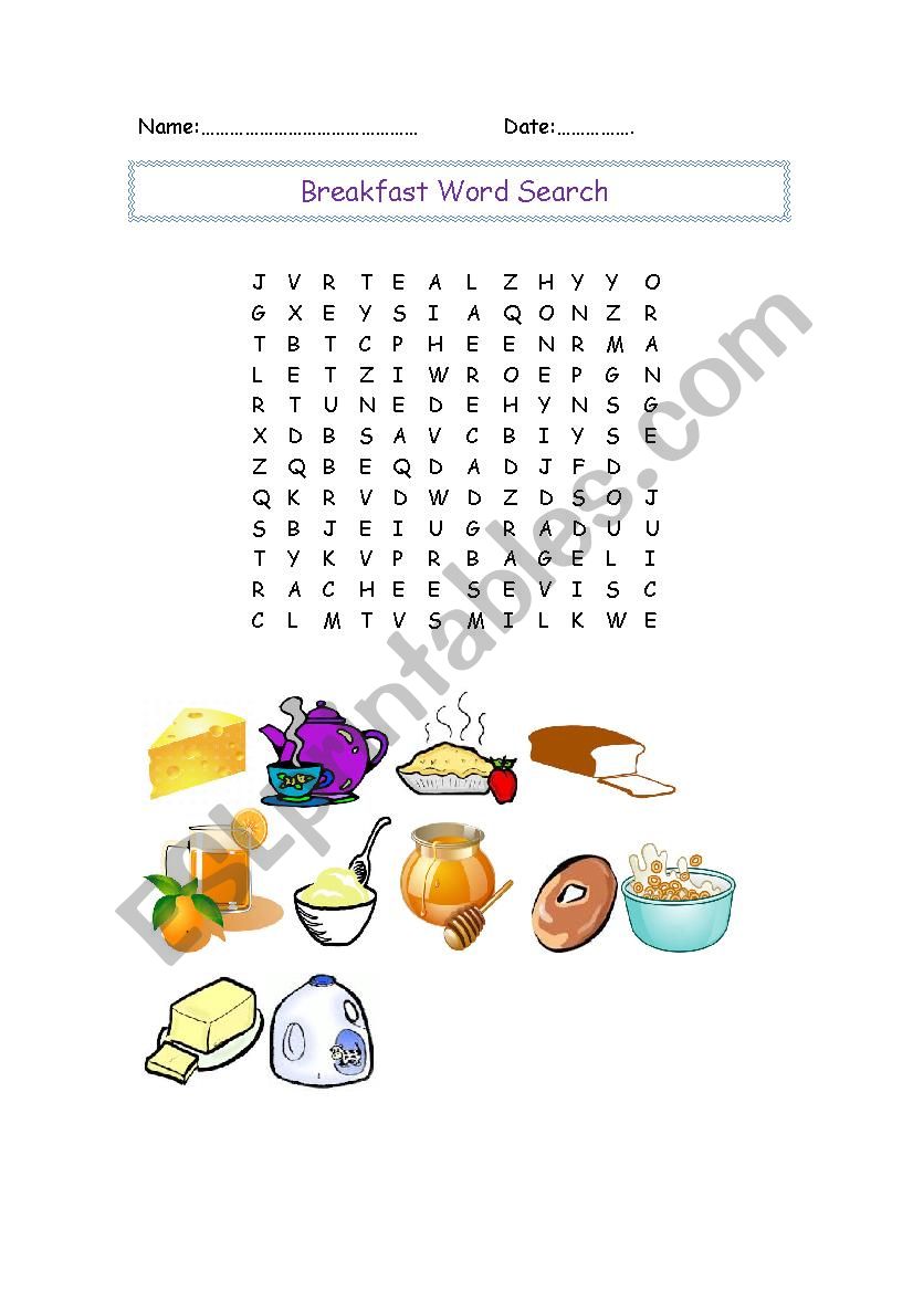 Breakfast Word Search worksheet