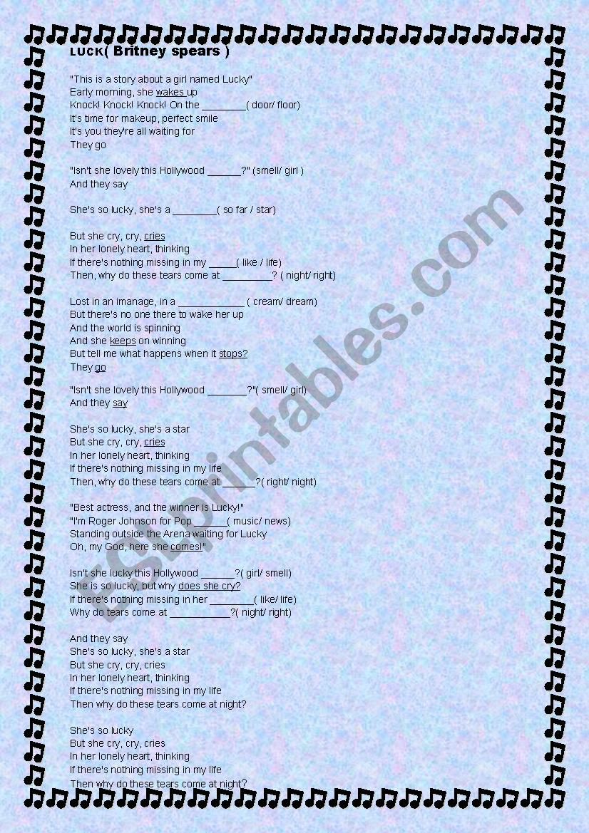 Song: Luck( Britney Spears) worksheet