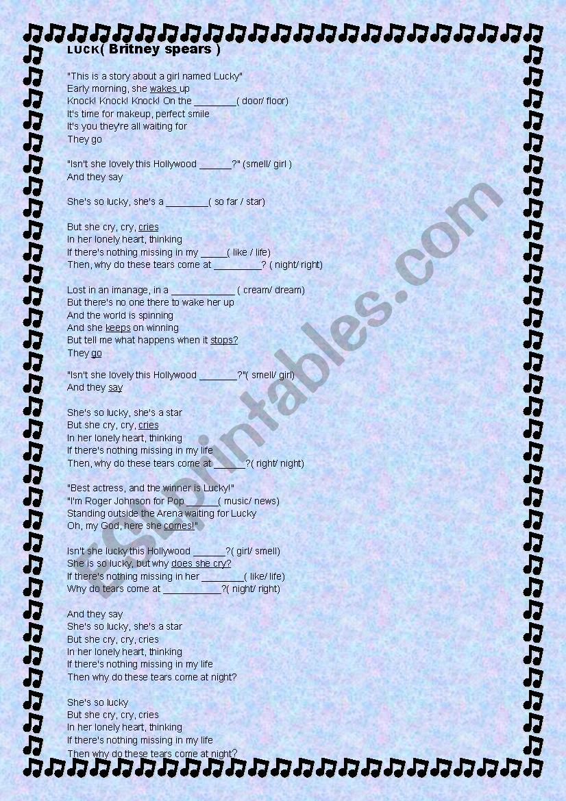 Song: Luck( Britney Spears) worksheet