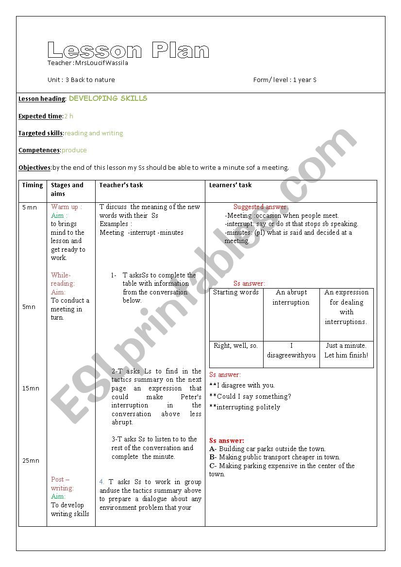 lesson plan back to nature