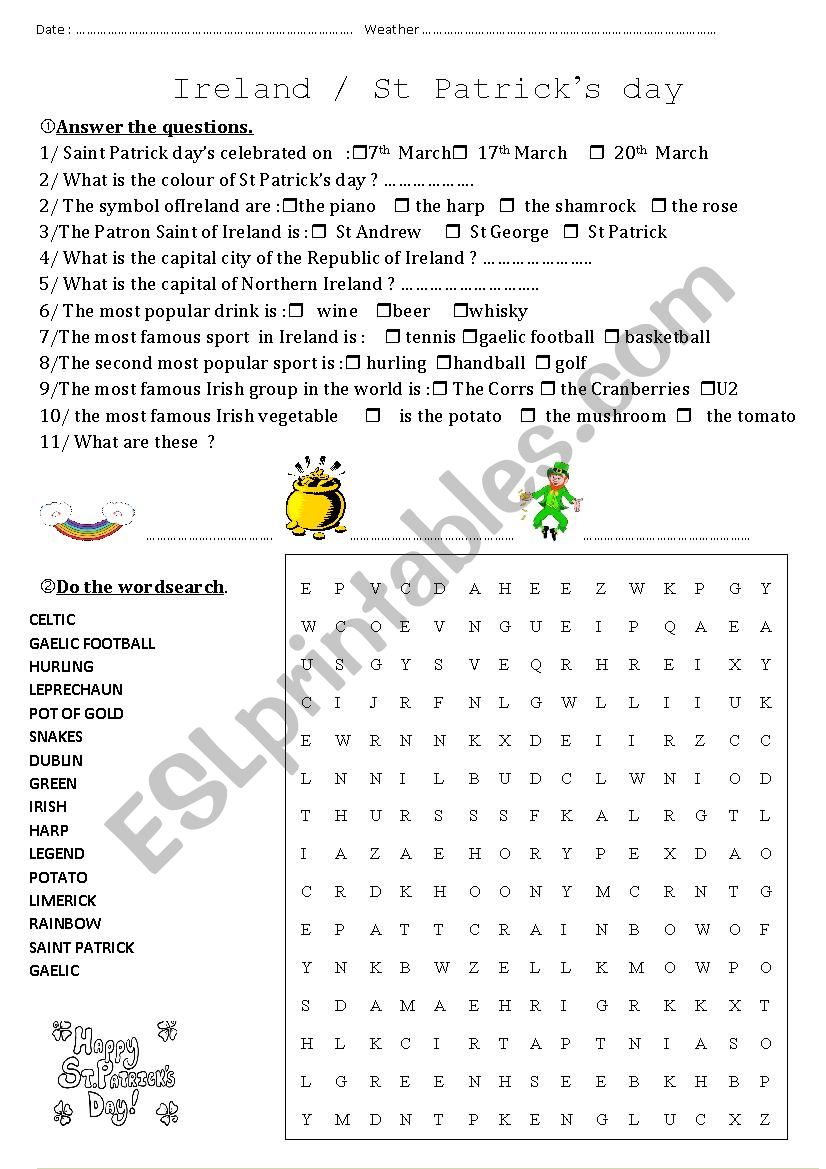 St Patricks day/ Ireland worksheet