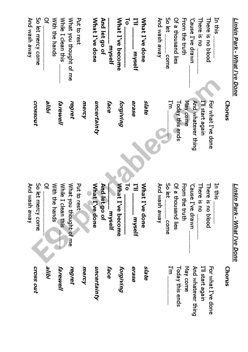 Linking Park - What Ive done worksheet