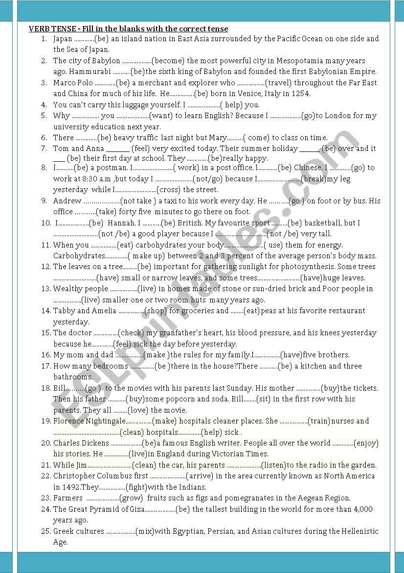 VERB TENSE EXERCISES & answer key