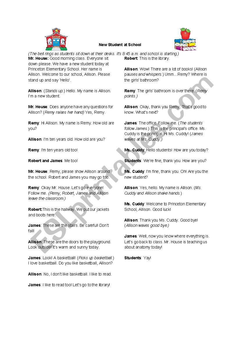 New Student at School - Skit worksheet