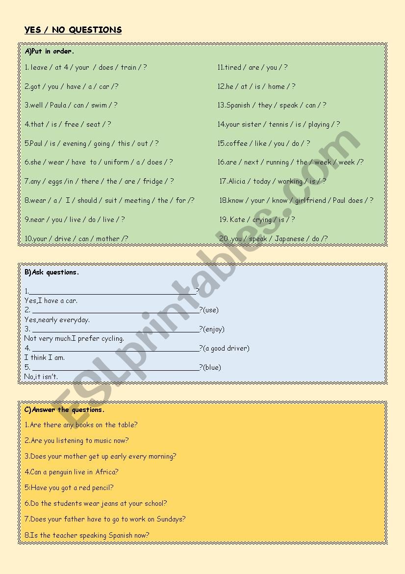 Yes/No Questions worksheet