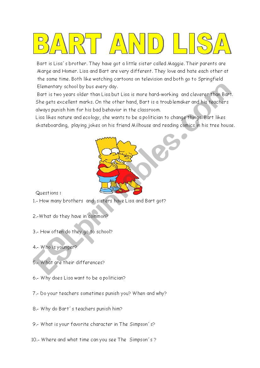 Bart and Lisa Simpson worksheet