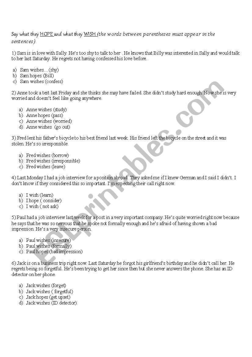 Hope & Wish worksheet