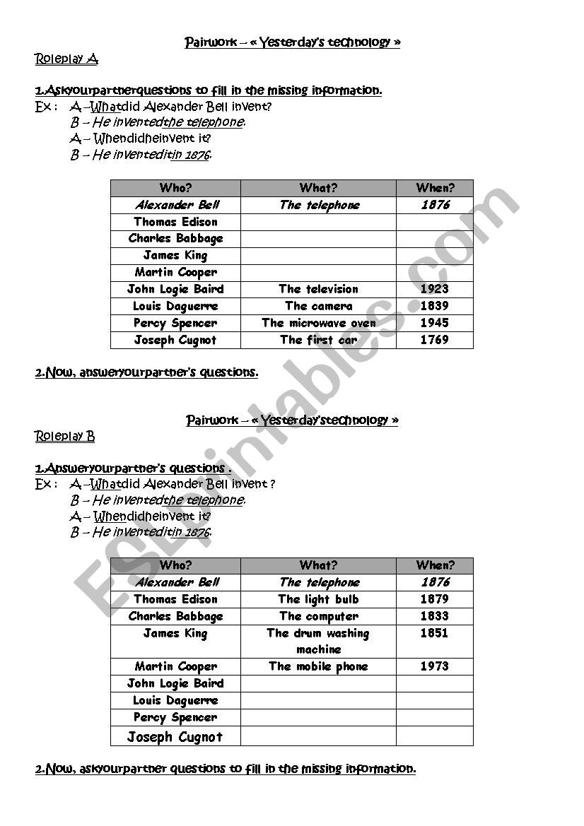 yesterdays technology worksheet