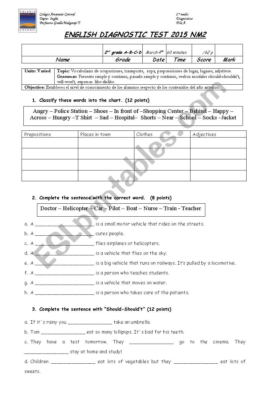 Diagnostic test 2nd grade high school