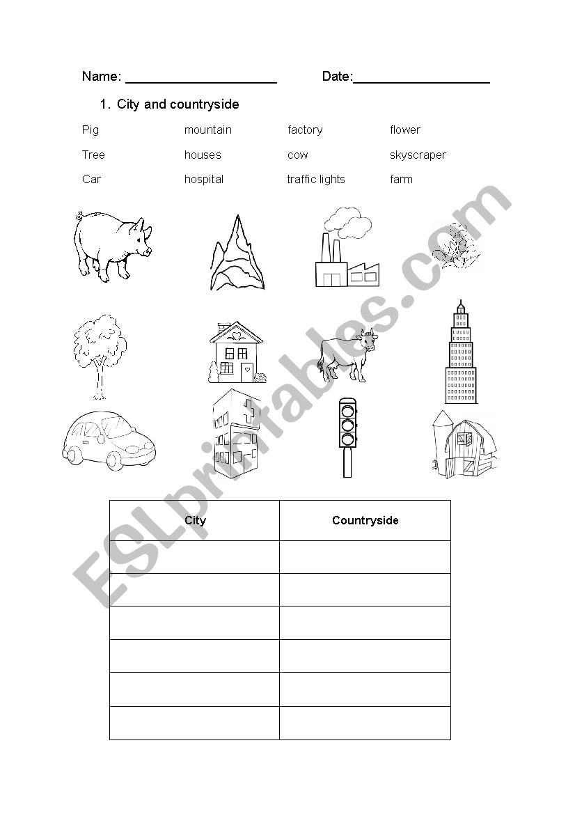 city and countryside worksheet