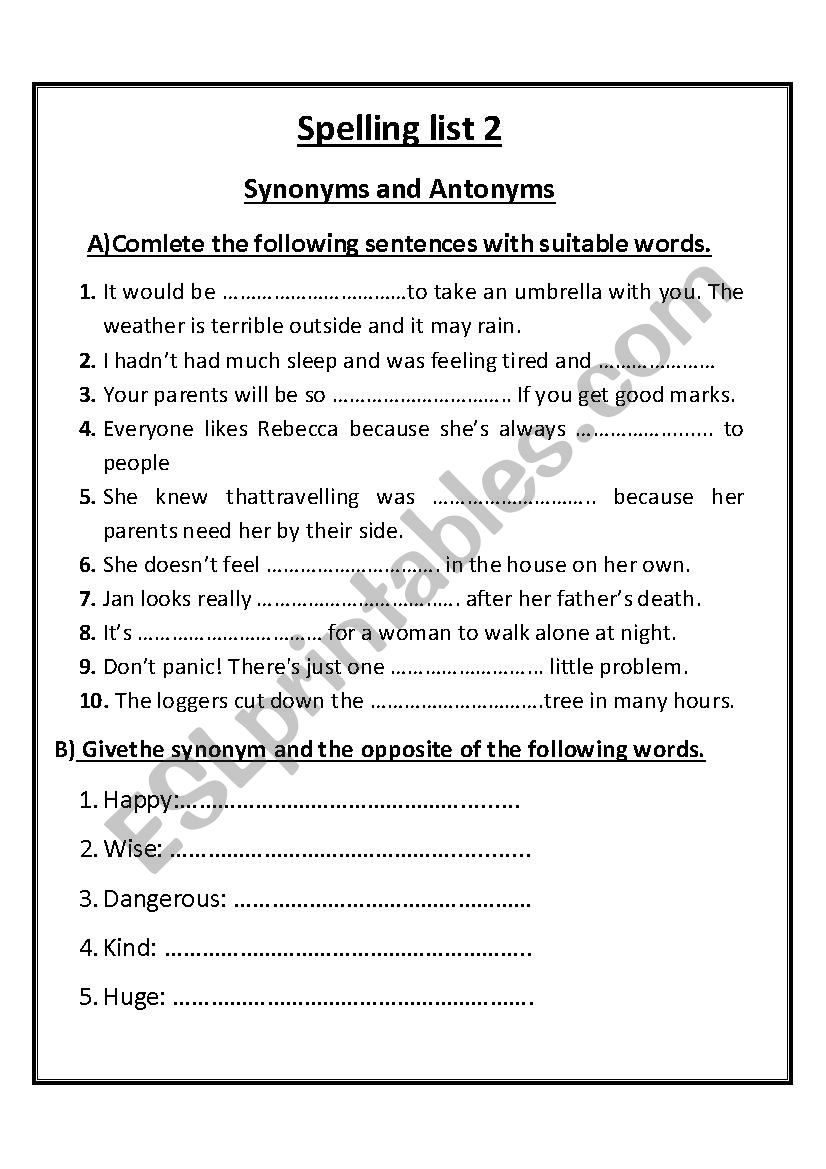 Spelling list quiz  worksheet