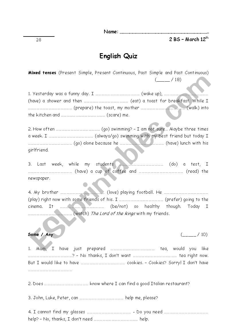 Mixed Tenses + Some/Any worksheet