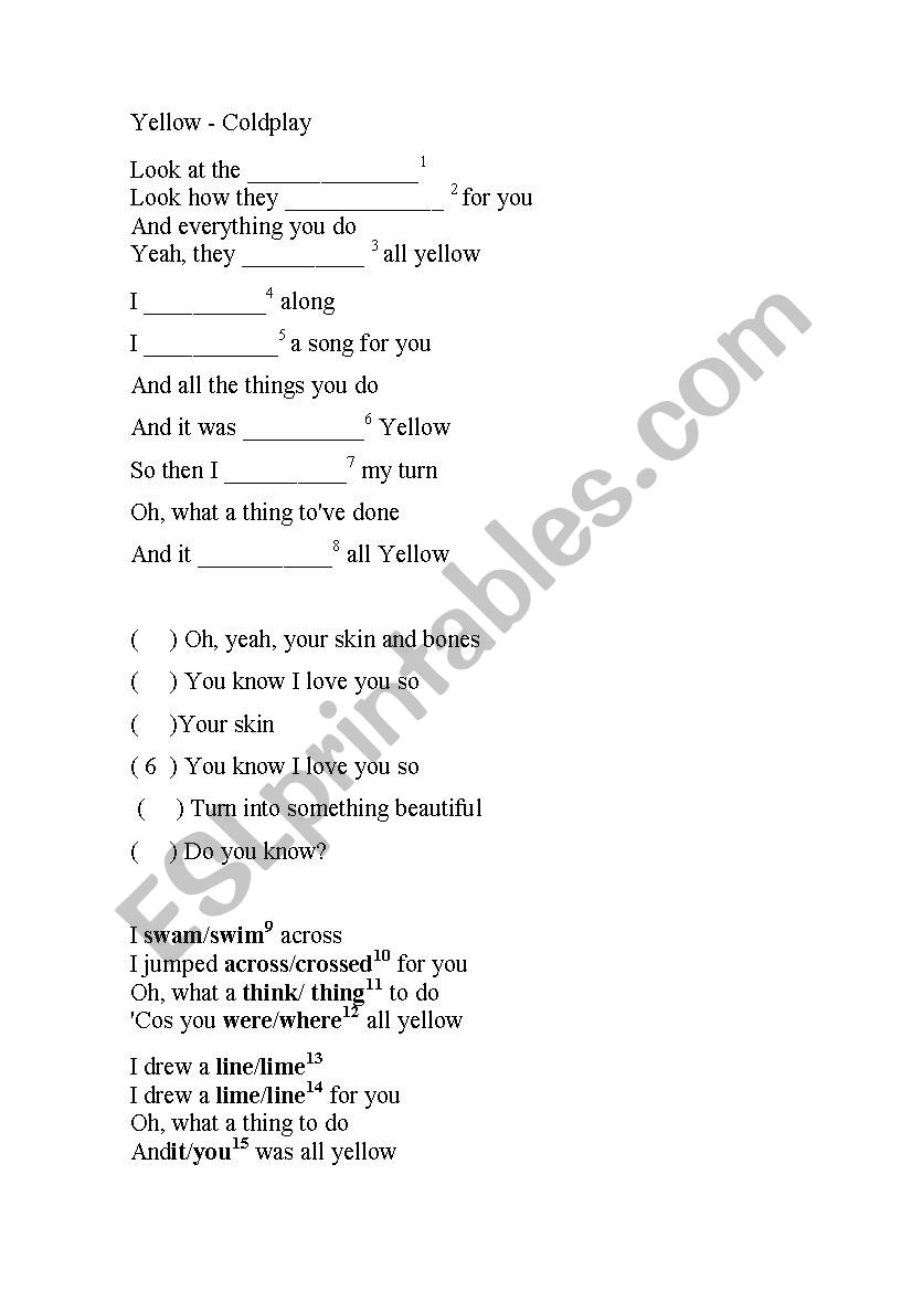 Yellow - Coldplay worksheet