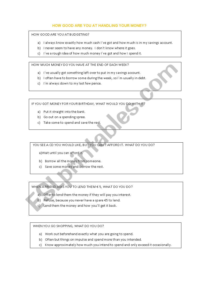 MONEY QUIZ  worksheet