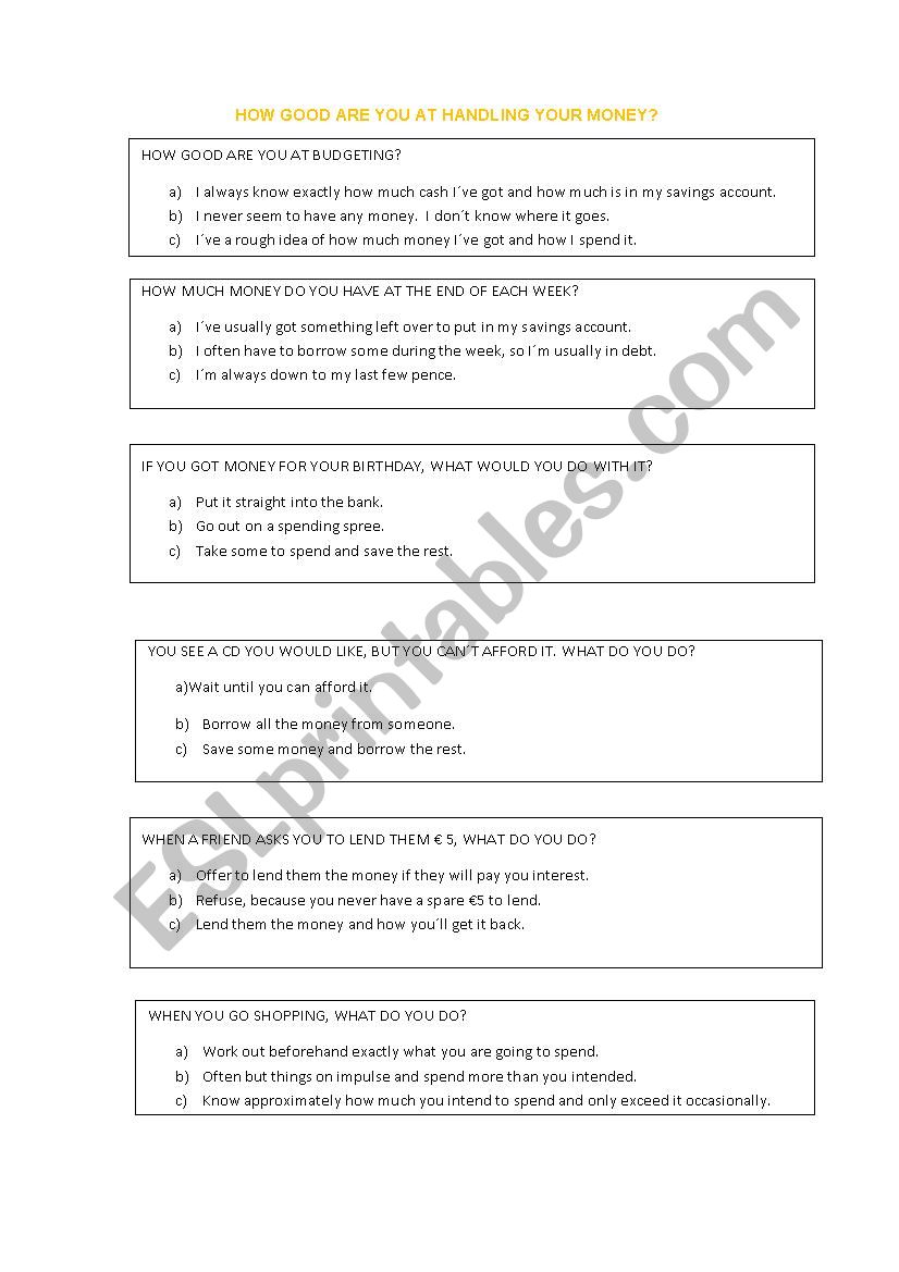 MONEY QUIZ  worksheet