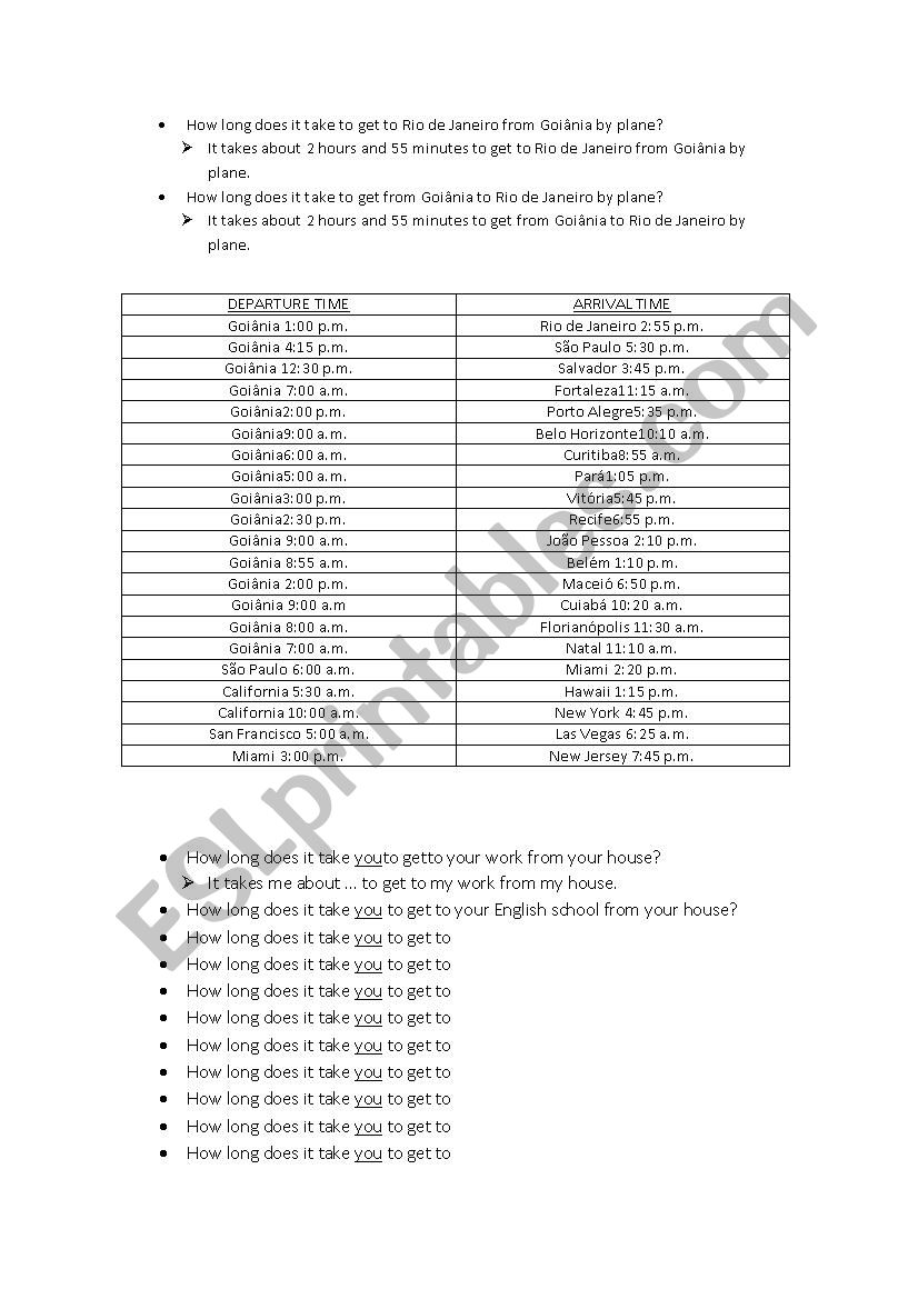 How long does it take ... ? worksheet