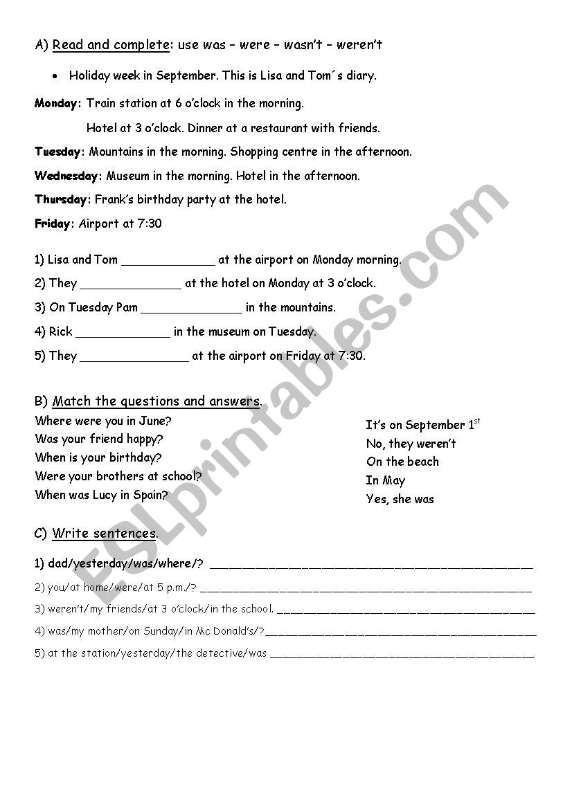 Verb to be in the past worksheet