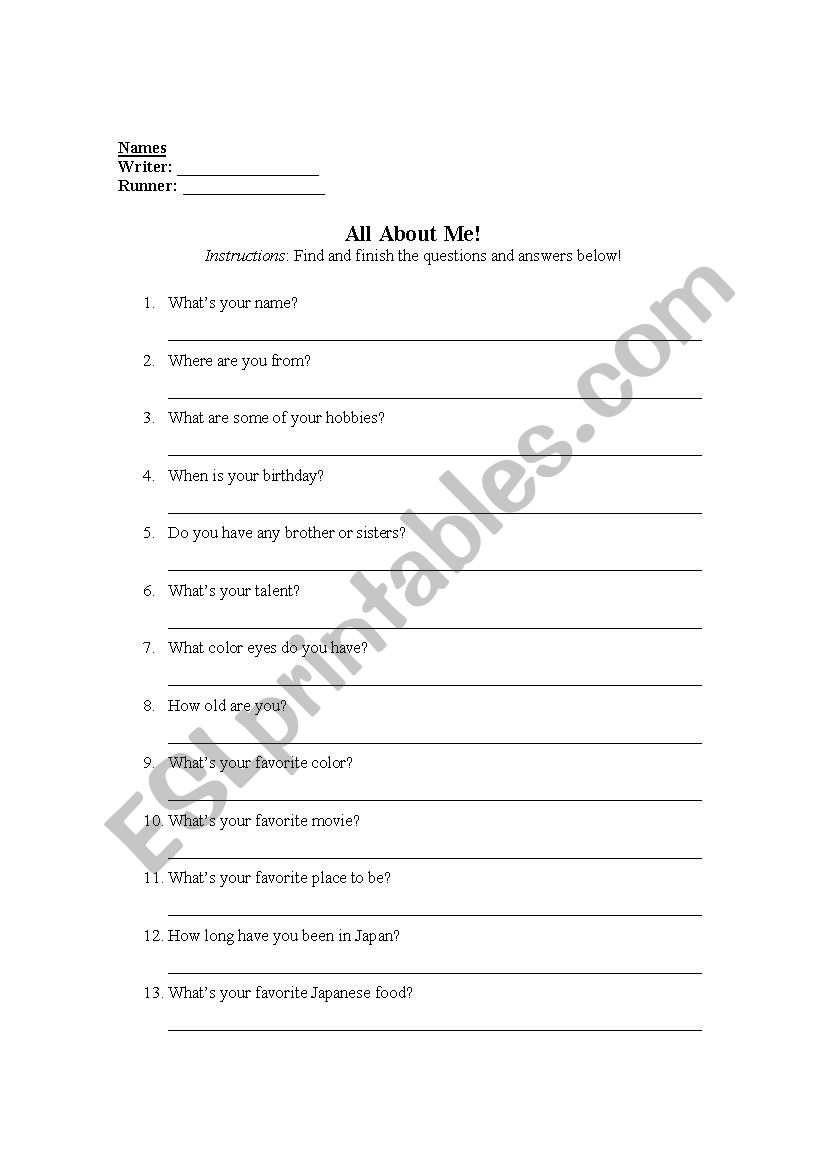All About Me: Self Intro Game worksheet