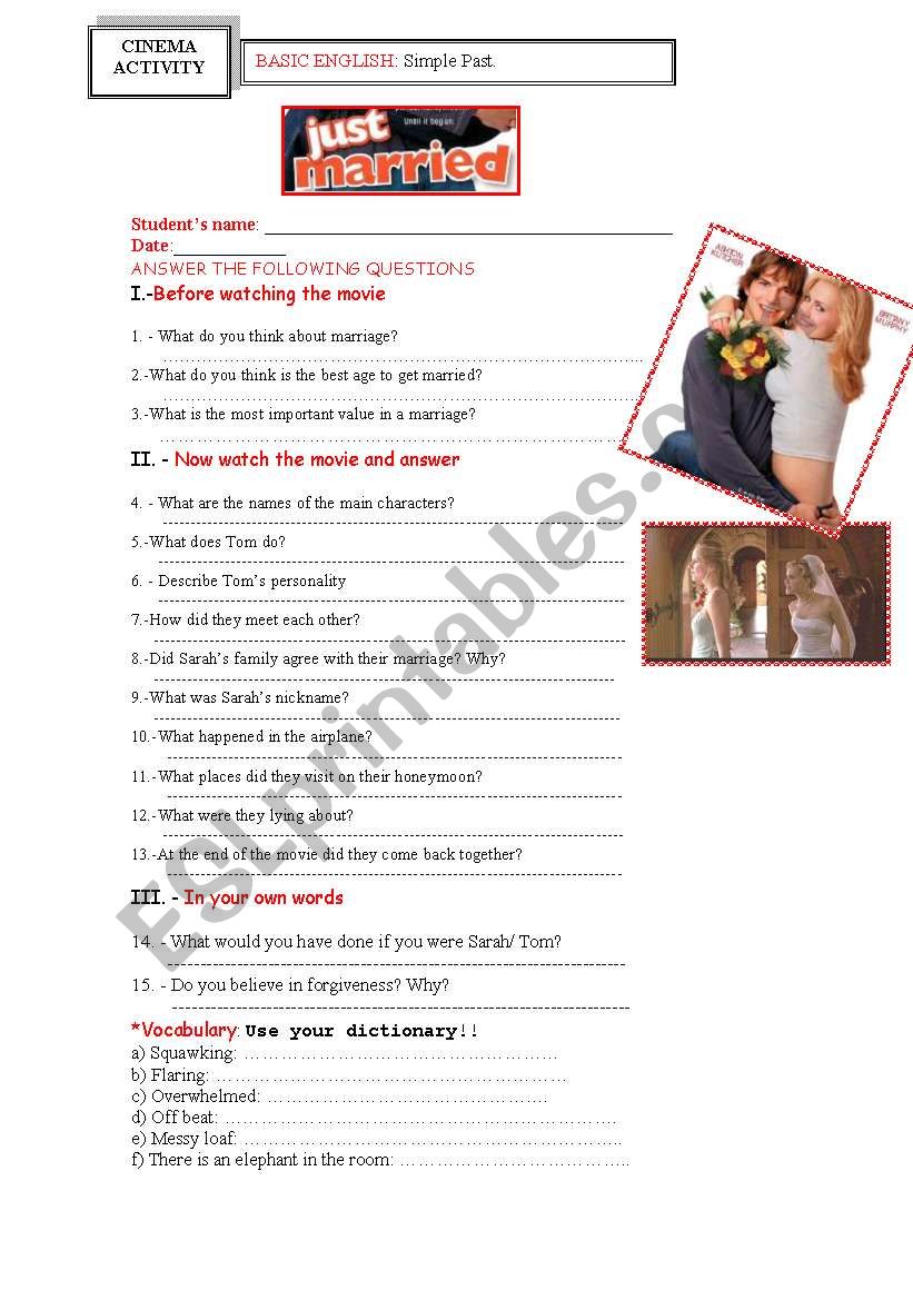 JUST MARRIED movie worksheet