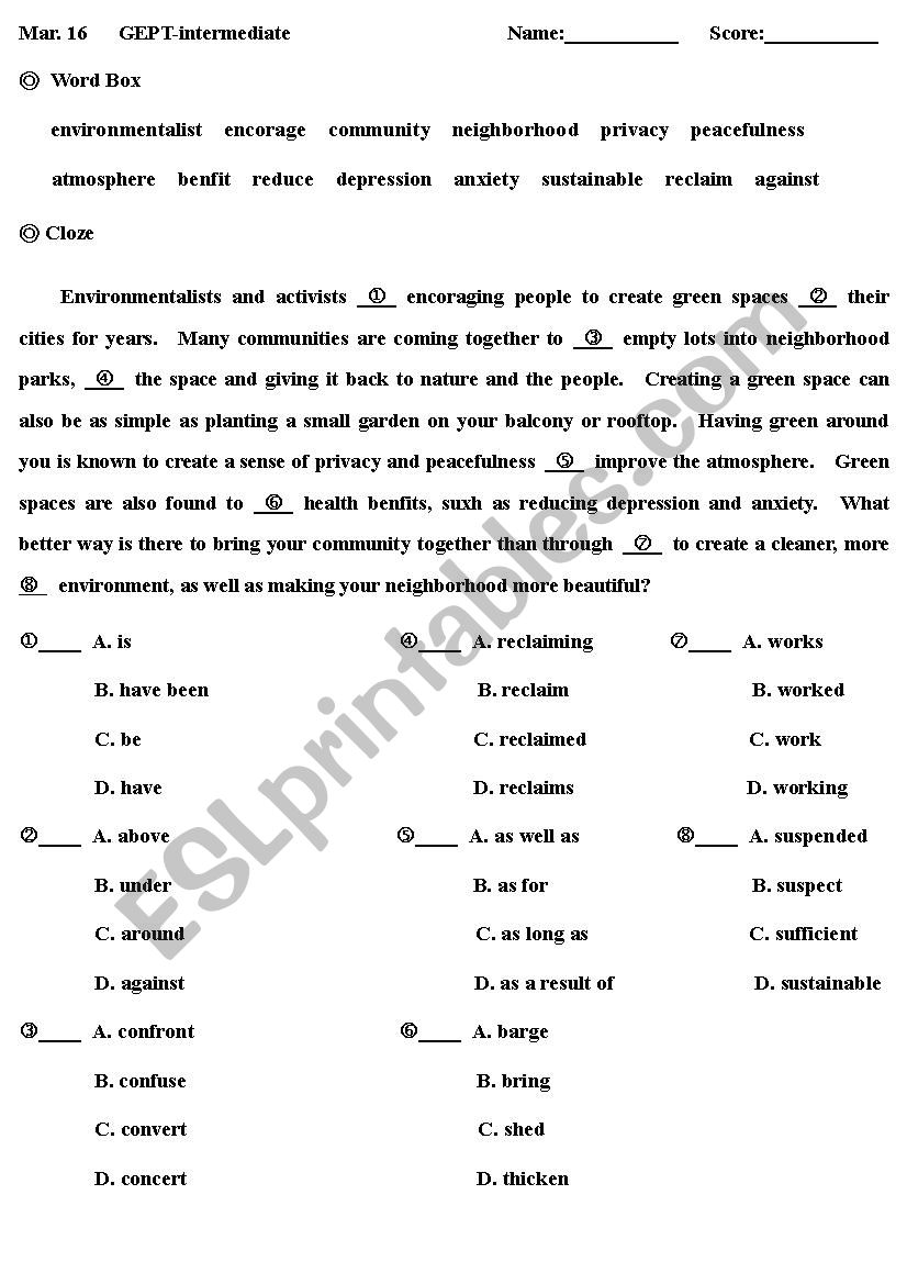 cloze about the green space worksheet