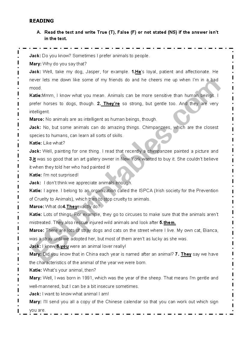 Reading worksheet