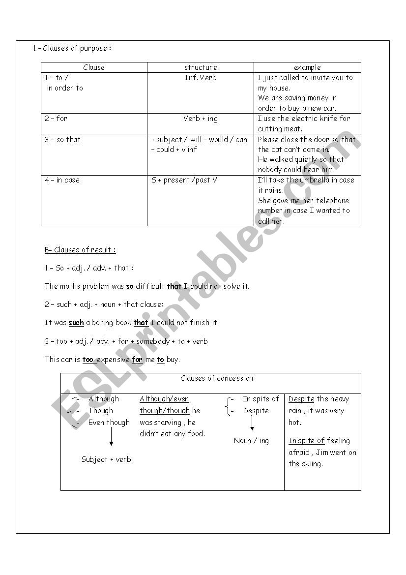 purpose clauses worksheet