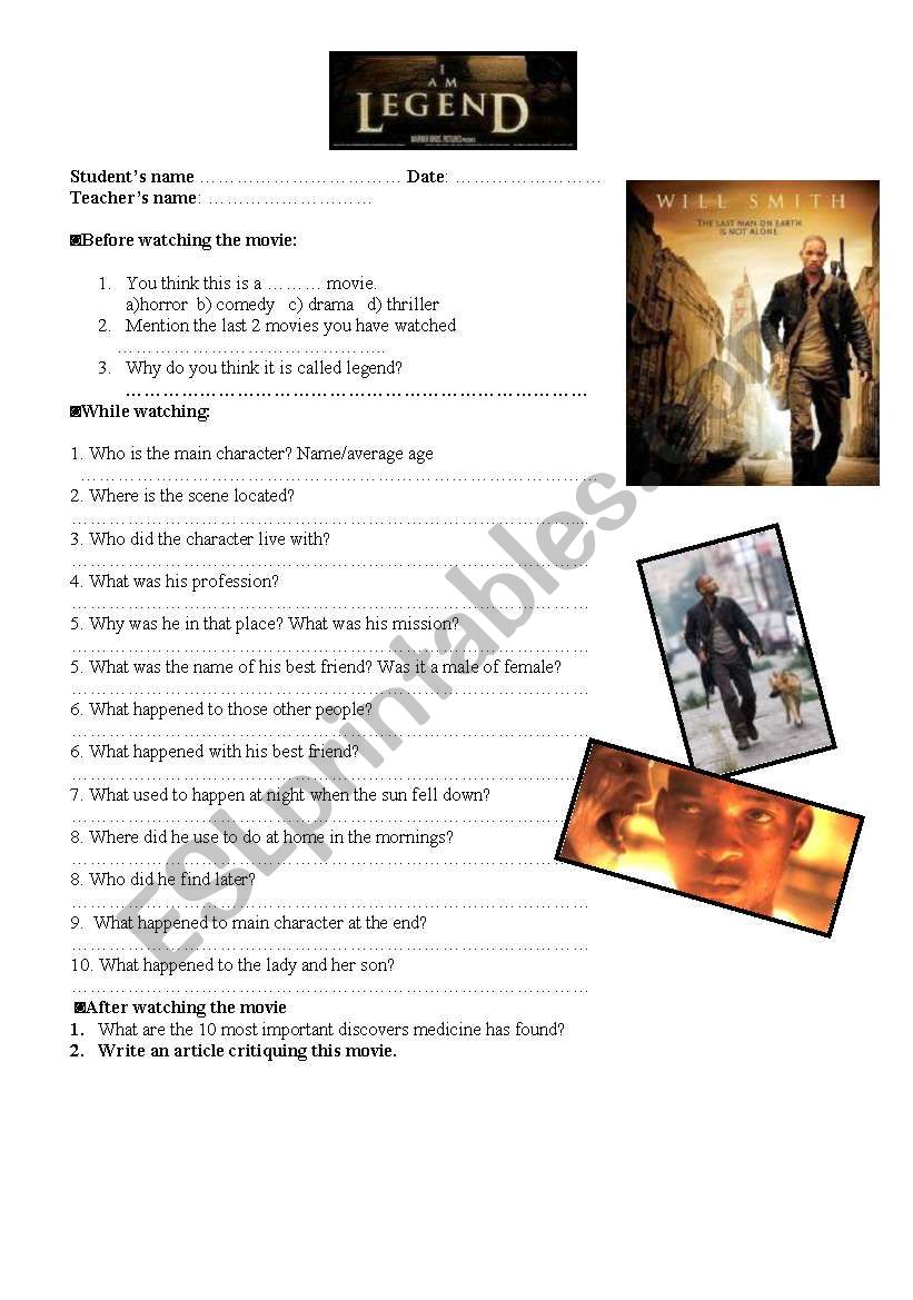 I Am Legend Movie Esl Worksheet By Missmelissa12