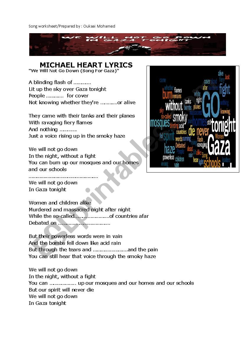 Song: we will not go down worksheet